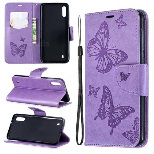 Embossing Double Butterfly Leather Wallet Case for Samsung Galaxy M10 - Purple