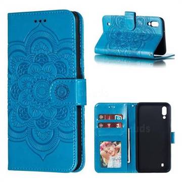 Intricate Embossing Datura Solar Leather Wallet Case for Samsung Galaxy M10 - Blue