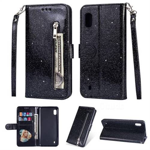 Glitter Shine Leather Zipper Wallet Phone Case for Samsung Galaxy M10 - Black