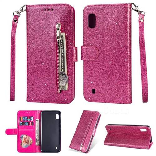 Glitter Shine Leather Zipper Wallet Phone Case for Samsung Galaxy M10 - Rose