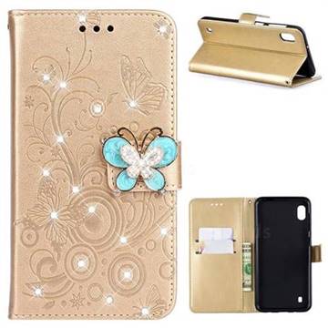 Embossing Butterfly Circle Rhinestone Leather Wallet Case for Samsung Galaxy M10 - Champagne