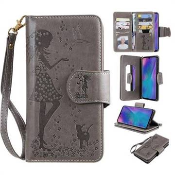 Embossing Cat Girl 9 Card Leather Wallet Case for Samsung Galaxy M10 - Gray
