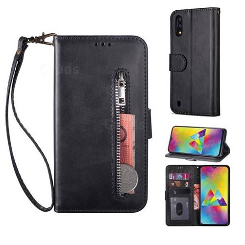 Retro Calfskin Zipper Leather Wallet Case Cover for Samsung Galaxy M10 - Black