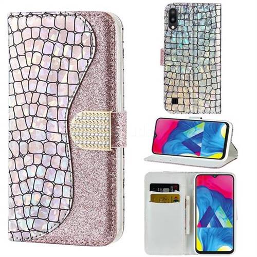 Glitter Diamond Buckle Laser Stitching Leather Wallet Phone Case for Samsung Galaxy M10 - Pink