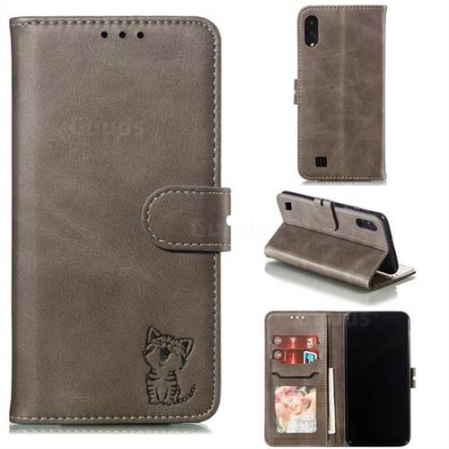 Embossing Happy Cat Leather Wallet Case for Samsung Galaxy M10 - Gray
