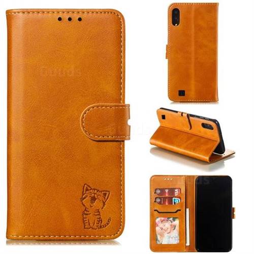 Embossing Happy Cat Leather Wallet Case for Samsung Galaxy M10 - Yellow