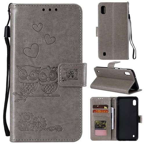 Embossing Owl Couple Flower Leather Wallet Case for Samsung Galaxy M10 - Gray