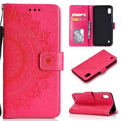 Intricate Embossing Datura Leather Wallet Case for Samsung Galaxy M10 - Rose Red