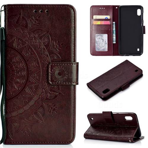 Intricate Embossing Datura Leather Wallet Case for Samsung Galaxy M10 - Brown