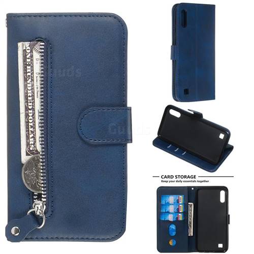 Retro Luxury Zipper Leather Phone Wallet Case for Samsung Galaxy M10 - Blue