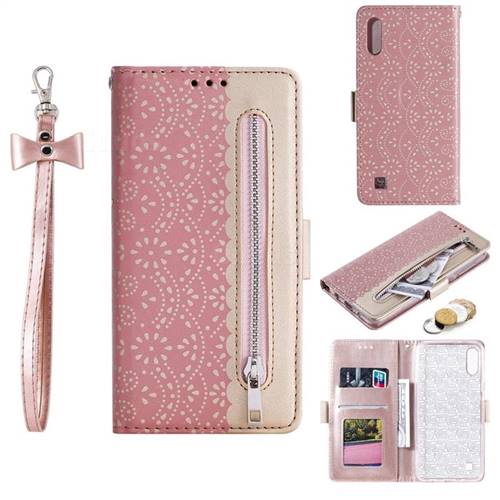 Luxury Lace Zipper Stitching Leather Phone Wallet Case for Samsung Galaxy M10 - Pink