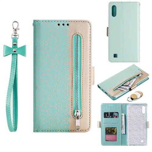Luxury Lace Zipper Stitching Leather Phone Wallet Case for Samsung Galaxy M10 - Green