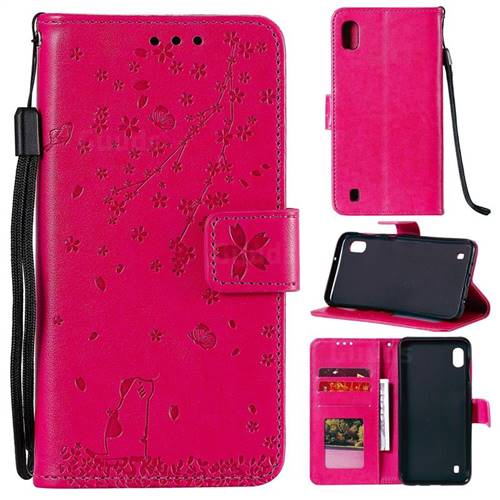 Embossing Cherry Blossom Cat Leather Wallet Case for Samsung Galaxy M10 - Rose