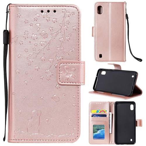 Embossing Cherry Blossom Cat Leather Wallet Case for Samsung Galaxy M10 - Rose Gold