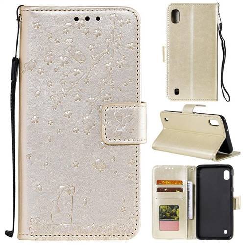 Embossing Cherry Blossom Cat Leather Wallet Case for Samsung Galaxy M10 - Golden