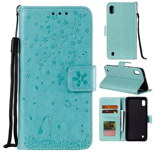 Embossing Cherry Blossom Cat Leather Wallet Case for Samsung Galaxy M10 - Green