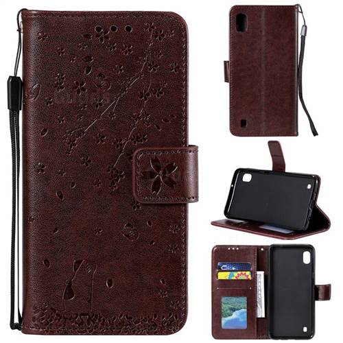 Embossing Cherry Blossom Cat Leather Wallet Case for Samsung Galaxy M10 - Brown