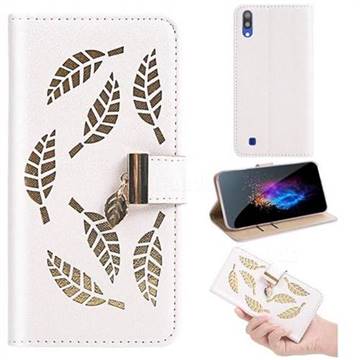 Hollow Leaves Phone Wallet Case for Samsung Galaxy M10 - Creamy White