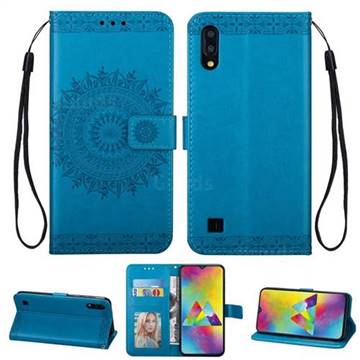 Intricate Embossing Totem Flower Leather Wallet Case for Samsung Galaxy M10 - Blue