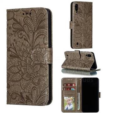 Intricate Embossing Lace Jasmine Flower Leather Wallet Case for Samsung Galaxy M10 - Gray