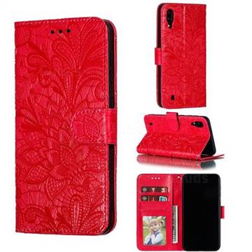 Intricate Embossing Lace Jasmine Flower Leather Wallet Case for Samsung Galaxy M10 - Red
