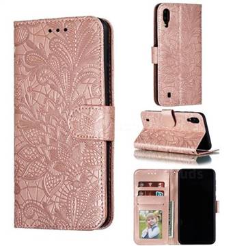Intricate Embossing Lace Jasmine Flower Leather Wallet Case for Samsung Galaxy M10 - Rose Gold