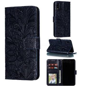 Intricate Embossing Lace Jasmine Flower Leather Wallet Case for Samsung Galaxy M10 - Dark Blue
