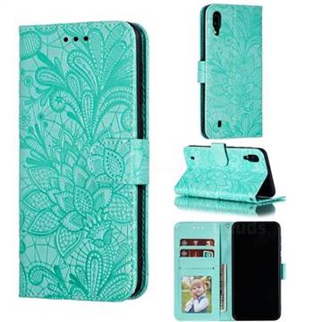 Intricate Embossing Lace Jasmine Flower Leather Wallet Case for Samsung Galaxy M10 - Green