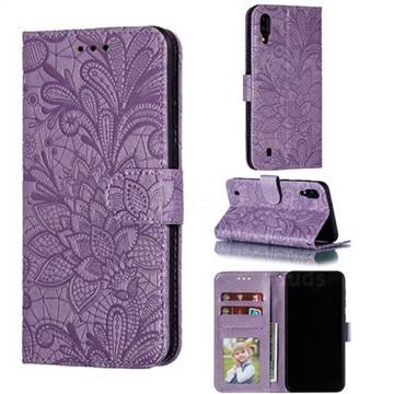 Intricate Embossing Lace Jasmine Flower Leather Wallet Case for Samsung Galaxy M10 - Purple