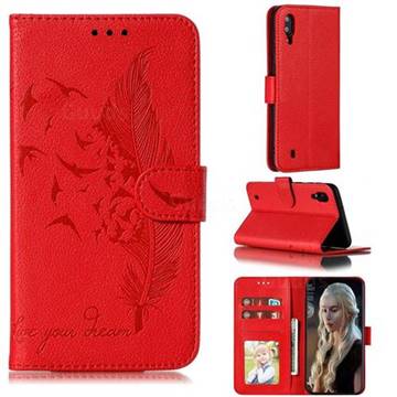 Intricate Embossing Lychee Feather Bird Leather Wallet Case for Samsung Galaxy M10 - Red