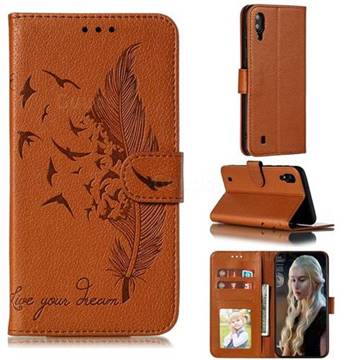 Intricate Embossing Lychee Feather Bird Leather Wallet Case for Samsung Galaxy M10 - Brown
