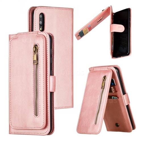 Multifunction 9 Cards Leather Zipper Wallet Phone Case for Samsung Galaxy M10 - Rose Gold