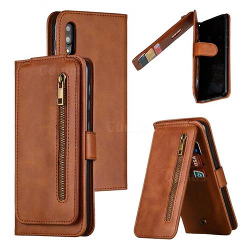 Multifunction 9 Cards Leather Zipper Wallet Phone Case for Samsung Galaxy M10 - Brown