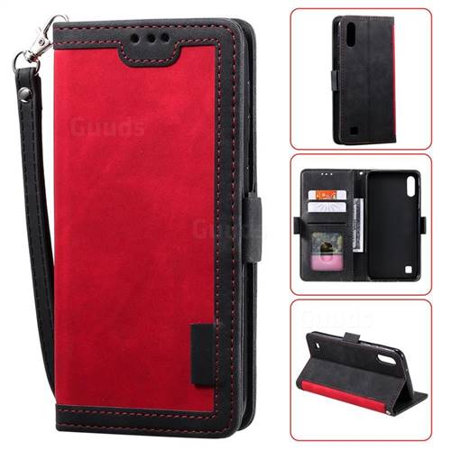 Luxury Retro Stitching Leather Wallet Phone Case for Samsung Galaxy M10 - Deep Red