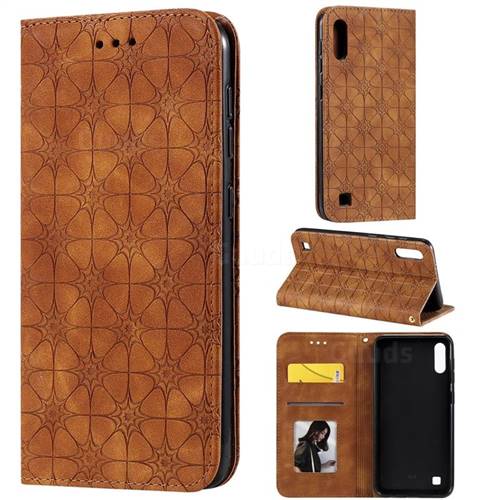 Intricate Embossing Four Leaf Clover Leather Wallet Case for Samsung Galaxy M10 - Yellowish Brown