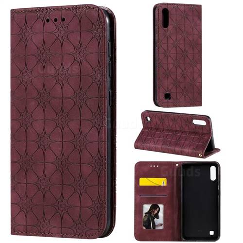 Intricate Embossing Four Leaf Clover Leather Wallet Case for Samsung Galaxy M10 - Claret
