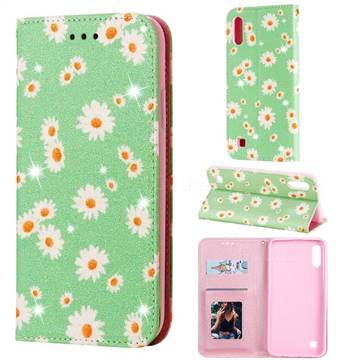 Ultra Slim Daisy Sparkle Glitter Powder Magnetic Leather Wallet Case for Samsung Galaxy M10 - Green