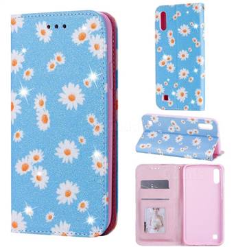 Ultra Slim Daisy Sparkle Glitter Powder Magnetic Leather Wallet Case for Samsung Galaxy M10 - Blue