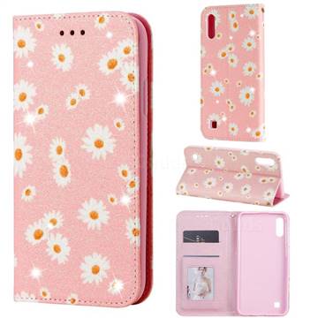 Ultra Slim Daisy Sparkle Glitter Powder Magnetic Leather Wallet Case for Samsung Galaxy M10 - Pink