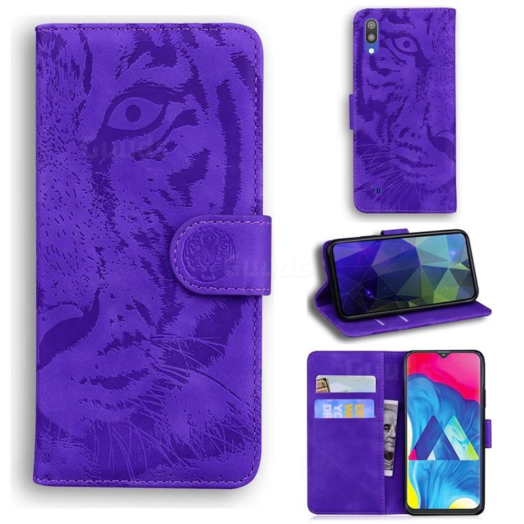 Intricate Embossing Tiger Face Leather Wallet Case for Samsung Galaxy M10 - Purple