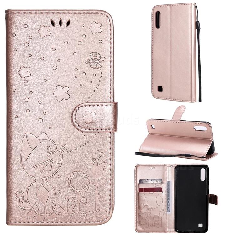 Embossing Bee and Cat Leather Wallet Case for Samsung Galaxy M10 - Rose Gold