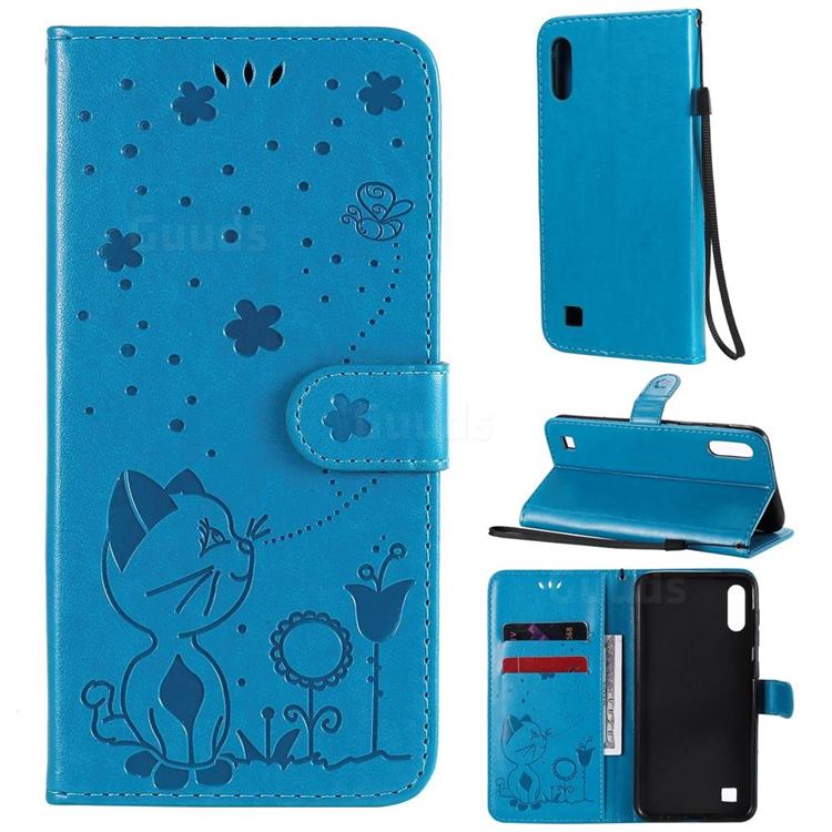 Embossing Bee and Cat Leather Wallet Case for Samsung Galaxy M10 - Blue