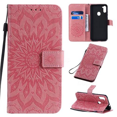 Embossing Sunflower Leather Wallet Case for Samsung Galaxy M11 - Pink