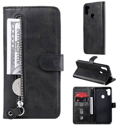 Retro Luxury Zipper Leather Phone Wallet Case for Samsung Galaxy M11 - Black