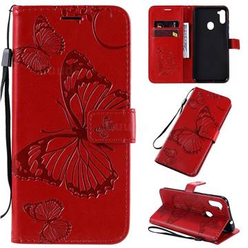 Embossing 3D Butterfly Leather Wallet Case for Samsung Galaxy M11 - Red