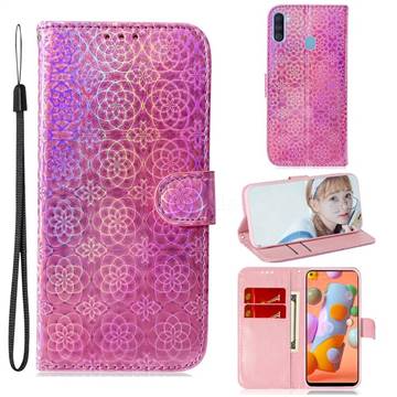 Laser Circle Shining Leather Wallet Phone Case for Samsung Galaxy M11 - Pink