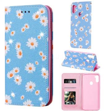 Ultra Slim Daisy Sparkle Glitter Powder Magnetic Leather Wallet Case for Samsung Galaxy M11 - Blue