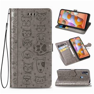 Embossing Dog Paw Kitten and Puppy Leather Wallet Case for Samsung Galaxy M11 - Gray