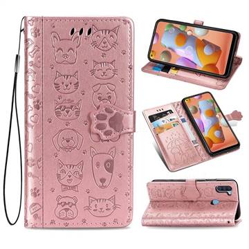 Embossing Dog Paw Kitten and Puppy Leather Wallet Case for Samsung Galaxy M11 - Rose Gold