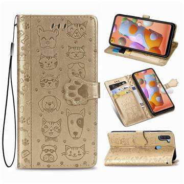 Embossing Dog Paw Kitten and Puppy Leather Wallet Case for Samsung Galaxy M11 - Champagne Gold